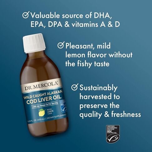 Dr. Mercola Cod Liver Oil, 1,000 mg Omega-3s Per Serving, 40 Servings (6.80 Fl. Oz.), Liquid Dietary Supplement, Natural Lemon Flavor, Supports Brain, Bone and Joint Health, Non-GMO, MSC Certified in Saudi Arabia