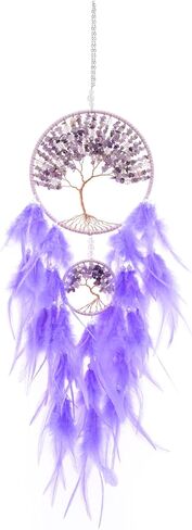 ديكور حائط جميل لشجرة الحياة الأرجوانية من جولي مع حجر الكريستال العلاجي المصنوع يدويًا من ريش الأحلام لتزيين الحائط للتعليق على غرفة النوم وغرفة المعيشة وحفلات الزفاف - 25.6 سم حلقتين in Kuwait