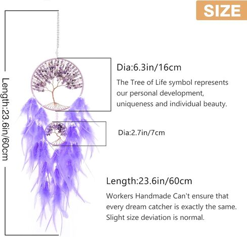 ديكور حائط جميل لشجرة الحياة الأرجوانية من جولي مع حجر الكريستال العلاجي المصنوع يدويًا من ريش الأحلام لتزيين الحائط للتعليق على غرفة النوم وغرفة المعيشة وحفلات الزفاف - 25.6 سم حلقتين in Kuwait