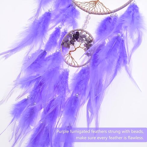 ديكور حائط جميل لشجرة الحياة الأرجوانية من جولي مع حجر الكريستال العلاجي المصنوع يدويًا من ريش الأحلام لتزيين الحائط للتعليق على غرفة النوم وغرفة المعيشة وحفلات الزفاف - 25.6 سم حلقتين in Kuwait