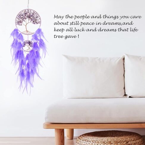 ديكور حائط جميل لشجرة الحياة الأرجوانية من جولي مع حجر الكريستال العلاجي المصنوع يدويًا من ريش الأحلام لتزيين الحائط للتعليق على غرفة النوم وغرفة المعيشة وحفلات الزفاف - 25.6 سم حلقتين in Kuwait