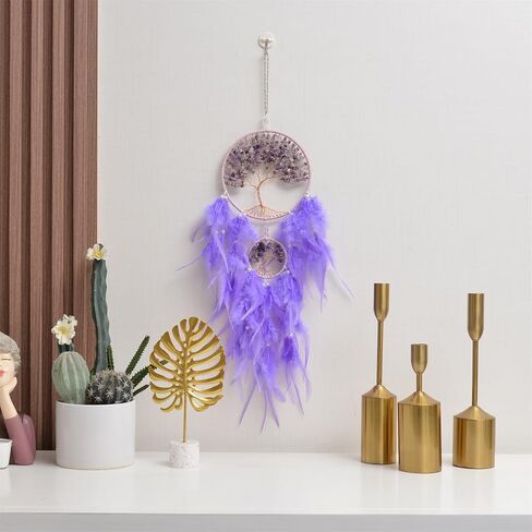 ديكور حائط جميل لشجرة الحياة الأرجوانية من جولي مع حجر الكريستال العلاجي المصنوع يدويًا من ريش الأحلام لتزيين الحائط للتعليق على غرفة النوم وغرفة المعيشة وحفلات الزفاف - 25.6 سم حلقتين in Kuwait