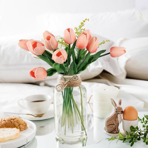 30pcs Artificial Tulips Flowers Fake Latex Tulip Stems - Real Touch Faux Coral Tulips Flower for Easter Spring Wedding Bouquet Centerpiece Floral Arrangement Home Cemetery Table Decor in Kuwait