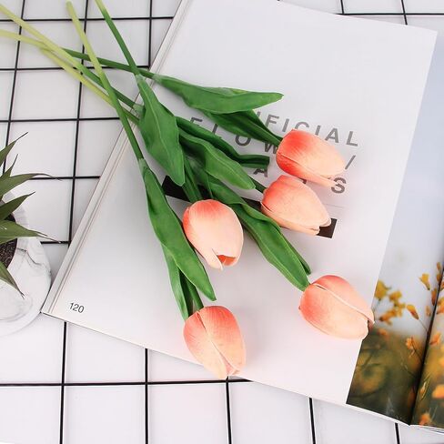 30pcs Artificial Tulips Flowers Fake Latex Tulip Stems - Real Touch Faux Coral Tulips Flower for Easter Spring Wedding Bouquet Centerpiece Floral Arrangement Home Cemetery Table Decor in Kuwait