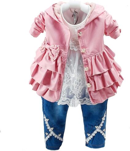 Peacolate 6M-4Y Baby Little Girls 3pcs Outfits Leather Hoodie Jacket Lace T-Shirt Denim Jeans in Kuwait