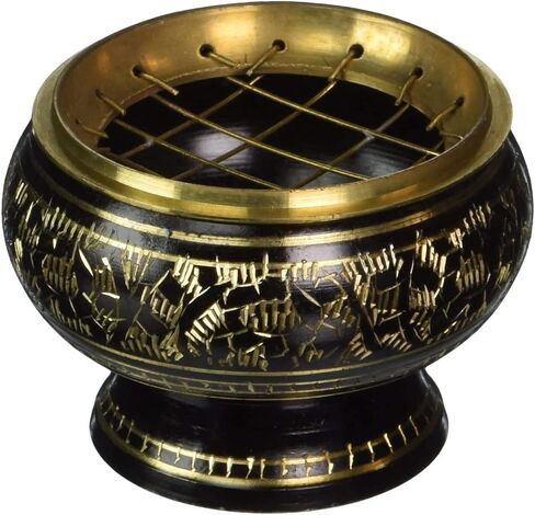 Small Decorated Brass Charcoal Screen Incense Burner with Wooden Coaster (Black) in Saudi Arabia