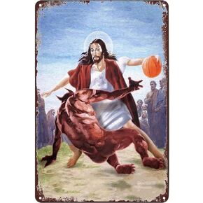 علامة قصدير معدنية عتيقة - ملصق يسوع ضد الشيطان في كرة السلة لافتات مضحكة لوحة ديكور فني للحائط للمنزل وبار الحانة والمقهى وغرفة المعيشة مقاس 8 × 12 بوصة in Kuwait