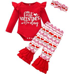 GRNSHTS ملابس طفلة عيد الحب الأول بأكمام طويلة رومبير مكشكش سروال ذو جرس سفلي 3 قطعة ملابس على شكل قلب الحب in Kuwait