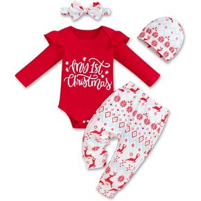 Baby Girl Christmas Outfit My First Christmas Ruffle Sleeve Romper Santa Pants with Headband Baby Christmas Clothes