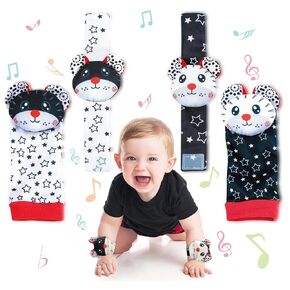 Adpartner Wrist Rattles Foot Finder Rattle Socks Set, 4PCS Soft Baby Rattle Toys for 3+ Months Babies, Arm Hand Wrist Rattle - Feet Leg Ankle Socks, Activity Rattle Present Gift for Infants Girls Boys