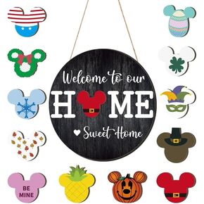 13 Pcs Halloween Mouse Interchangeable Door Sign,Welcome to our Home Sign for Front Door,Mouse Seasonal Door Wreaths Welcome Signs for Halloween Housewarming Gifts Wall Porch Decor