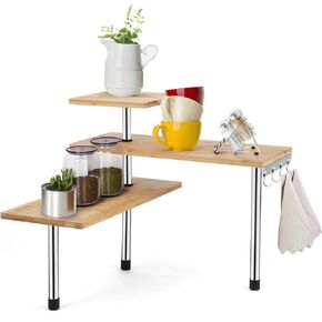 Encomle Corner Shelf, 3-Tier Kitchen Countertop Organizer, Adjustable Bamboo Desk Storage Rack Spice Rack Over Sink Storage Plant Shelf, Display Shelves with Hooks for Saving Space in Kuwait
