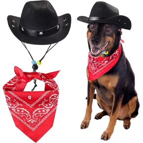 Yewong Pet Cowboy Accessories زي الكلب القط الحيوانات الأليفة حجم قبعة رعاة البقر ووشاح باندانا اكسسوارات رعاة البقر الغربية لمهرجان حفلة جرو هريرة وارتداء يومي مجموعة من 2 (أسود)