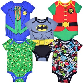 WARNER BROS Batman Robin Joker and Riddler Baby Boys 5 Pack Bodysuit for Newborn and Infant