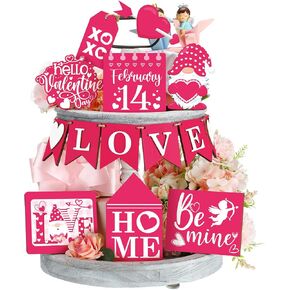 14 Pcs Valentines Day Tiered Tray Decor Set Farmhouse Rustic Pink Valentines Day Decor Cute Be Mine Gnome Home Heart Tabletop Valentines Wooden Sign for Home Party Kitchen Wedding Anniversary Decor in Kuwait