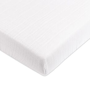 babyletto 100% Organic Cotton Mini Crib Sheet, GOTS-Certified, Fitted 360°, Ultra-Soft and Breathable Muslin - Plain White