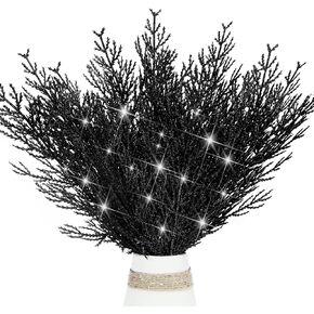 20Pcs Glitter Christmas Tree Picks Cedar Sprays 13" Artificial Pine Needles Branches Glittery Decorative Sticks Ornaments Fake Pine Stems for Xmas Tree Vase Filler Garland Craft Decoration (Black)