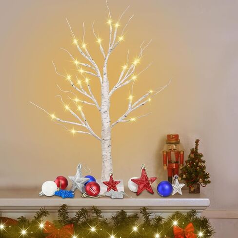 Lighted Birch Tree Christmas Decorations Indoor, 2FT White Birch Tree with 24 LED Lights Battery Powered, Small Tabletop Centerpiece Artificial Tree for Home Bedroom Wedding Winter Decoration in Kuwait