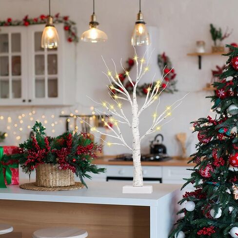 Lighted Birch Tree Christmas Decorations Indoor, 2FT White Birch Tree with 24 LED Lights Battery Powered, Small Tabletop Centerpiece Artificial Tree for Home Bedroom Wedding Winter Decoration in Kuwait