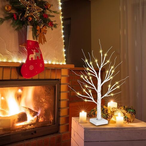 Lighted Birch Tree Christmas Decorations Indoor, 2FT White Birch Tree with 24 LED Lights Battery Powered, Small Tabletop Centerpiece Artificial Tree for Home Bedroom Wedding Winter Decoration in Kuwait