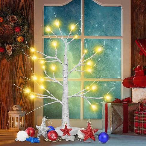 Lighted Birch Tree Christmas Decorations Indoor, 2FT White Birch Tree with 24 LED Lights Battery Powered, Small Tabletop Centerpiece Artificial Tree for Home Bedroom Wedding Winter Decoration in Kuwait
