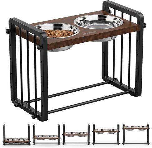 URPOWER Elevated Dog Bowls, 5 Heights Wood Raised Dog Bowl with Metal Stand, 44oz Stainless Steel Dog Food & Water Bowls, Dog Feeder Adjustable from 3.15" to 12.6" for Large Medium Small Dogs and Cats in Kuwait