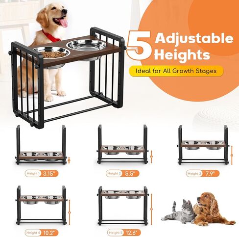 URPOWER Elevated Dog Bowls, 5 Heights Wood Raised Dog Bowl with Metal Stand, 44oz Stainless Steel Dog Food & Water Bowls, Dog Feeder Adjustable from 3.15" to 12.6" for Large Medium Small Dogs and Cats in Kuwait