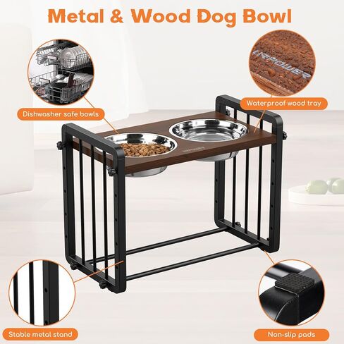 URPOWER Elevated Dog Bowls, 5 Heights Wood Raised Dog Bowl with Metal Stand, 44oz Stainless Steel Dog Food & Water Bowls, Dog Feeder Adjustable from 3.15" to 12.6" for Large Medium Small Dogs and Cats in Kuwait