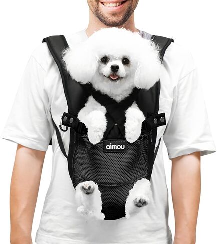 Pet Dog Carrier Backpack, Aimou Adjustable Hands-Free Doggie Front Pack Safety Travel Bag, Breathable Legs & Tail Out for Traveling Hiking Camping for Small Medium Dogs Cats Puppies, Black Large in Kuwait