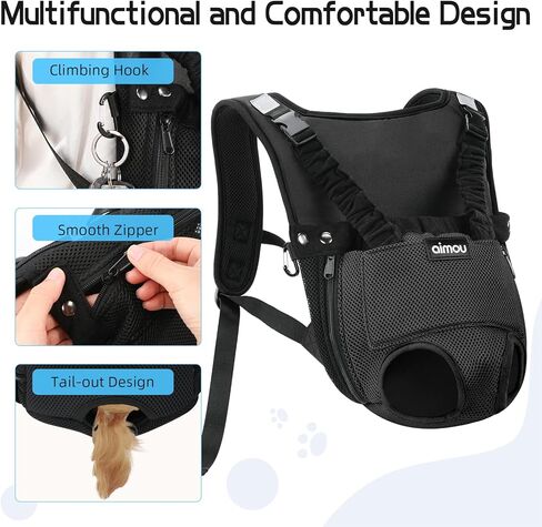 Pet Dog Carrier Backpack, Aimou Adjustable Hands-Free Doggie Front Pack Safety Travel Bag, Breathable Legs & Tail Out for Traveling Hiking Camping for Small Medium Dogs Cats Puppies, Black Large in Kuwait