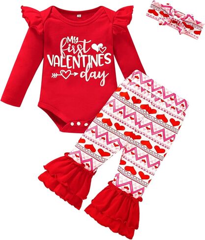 GRNSHTS ملابس طفلة عيد الحب الأول بأكمام طويلة رومبير مكشكش سروال ذو جرس سفلي 3 قطعة ملابس على شكل قلب الحب in Kuwait