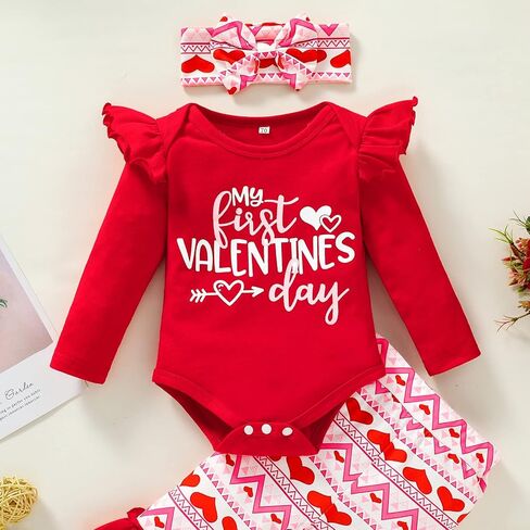 GRNSHTS ملابس طفلة عيد الحب الأول بأكمام طويلة رومبير مكشكش سروال ذو جرس سفلي 3 قطعة ملابس على شكل قلب الحب in Kuwait