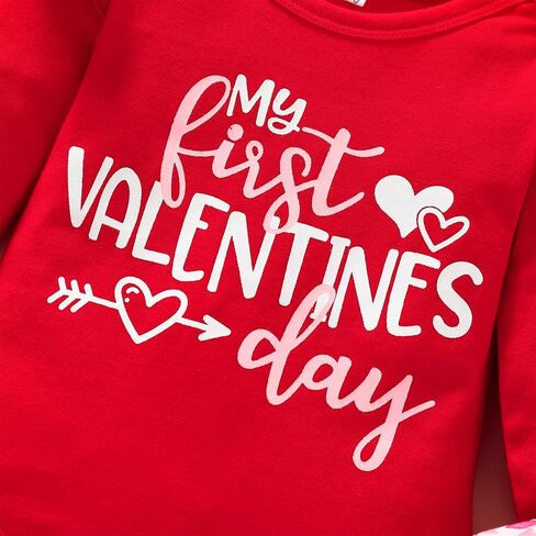 GRNSHTS ملابس طفلة عيد الحب الأول بأكمام طويلة رومبير مكشكش سروال ذو جرس سفلي 3 قطعة ملابس على شكل قلب الحب in Kuwait