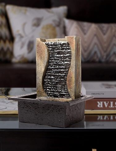 سينهيجو نافورة مياه داخلية لسطح الطاولة من زين بتصميم شلال فينغ شوي لتزيين المنزل وكقطعة مركزية للطاولة وهدايا الاسترخاء مع مصابيح LED مقاس 27 سم in Kuwait