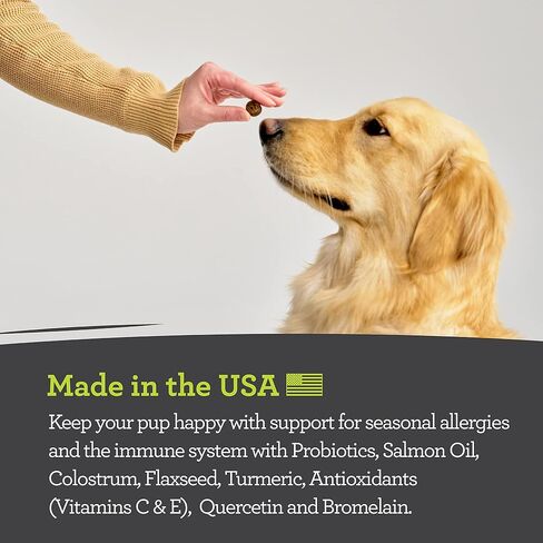 تخفيف حساسية الكلاب، 33% أكثر من 120 مضغًا ناعمًا للحساسية الموسمية للسلالات الصغيرة والكبيرة، يهدئ تهيج جلد الكلاب بسبب الحساسية الموسمية، البروبيوتيك، زيت السلمون أوميغا 3، اللبأ والكركم in Kuwait
