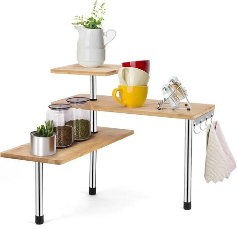 Encomle Corner Shelf, 3-Tier Kitchen Countertop Organizer, Adjustable Bamboo Desk Storage Rack Spice Rack Over Sink Storage Plant Shelf, Display Shelves with Hooks for Saving Space in Kuwait