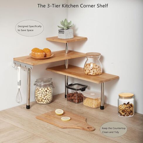 Encomle Corner Shelf, 3-Tier Kitchen Countertop Organizer, Adjustable Bamboo Desk Storage Rack Spice Rack Over Sink Storage Plant Shelf, Display Shelves with Hooks for Saving Space in Kuwait
