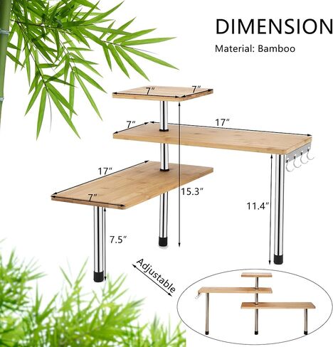 Encomle Corner Shelf, 3-Tier Kitchen Countertop Organizer, Adjustable Bamboo Desk Storage Rack Spice Rack Over Sink Storage Plant Shelf, Display Shelves with Hooks for Saving Space in Kuwait