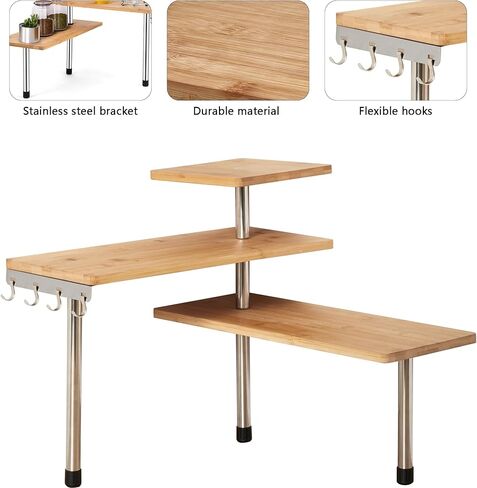 Encomle Corner Shelf, 3-Tier Kitchen Countertop Organizer, Adjustable Bamboo Desk Storage Rack Spice Rack Over Sink Storage Plant Shelf, Display Shelves with Hooks for Saving Space in Kuwait