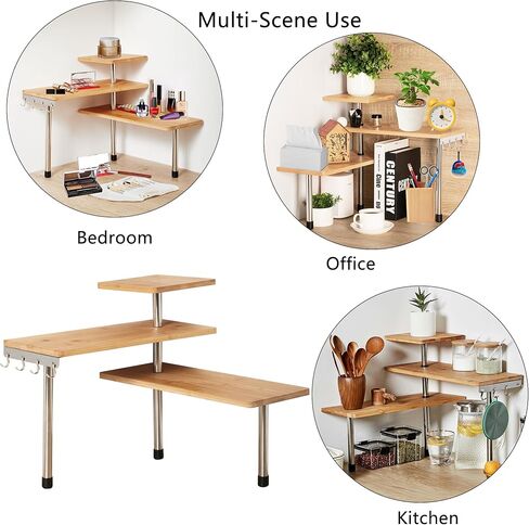 Encomle Corner Shelf, 3-Tier Kitchen Countertop Organizer, Adjustable Bamboo Desk Storage Rack Spice Rack Over Sink Storage Plant Shelf, Display Shelves with Hooks for Saving Space in Kuwait