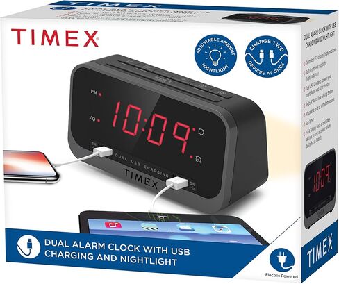 Timex Bedside Alarm Clock with Dual USB Charging, Dual Alarm, Nightlight, Snooze bar, and Battery Backup (T1300) in Saudi Arabia