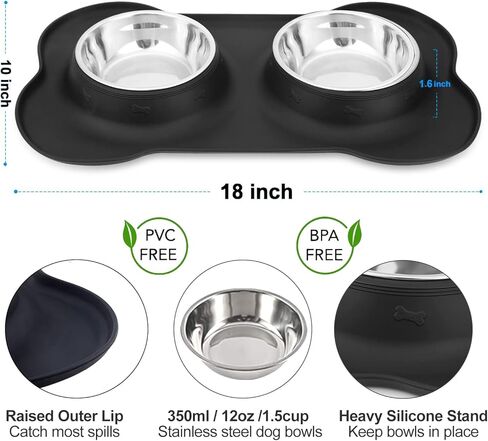 Pet Deluxe Dog Bowls Stainless Steel Dog Food Water Bowl Set with Stand, Feeding Bowls No Spill Non-Skid Silicone Mat, Dog Dishes for Small Medium Large Size Dog Pet Cat Puppy Food Bowl, Black, 4 Cup in Kuwait