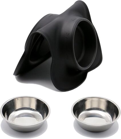 Pet Deluxe Dog Bowls Stainless Steel Dog Food Water Bowl Set with Stand, Feeding Bowls No Spill Non-Skid Silicone Mat, Dog Dishes for Small Medium Large Size Dog Pet Cat Puppy Food Bowl, Black, 4 Cup in Kuwait