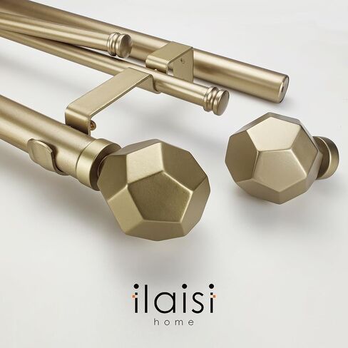 قضبان ستائر ذهبية بقطر 1-1/8 بوصة من ILAISIHOME مع لمسة نهائية ذات أوجه هندسية، قضبان ستائر مزدوجة تصغير 72-144 بوصة لعرض النافذة 68-140 بوصة، حزمة واحدة in Kuwait