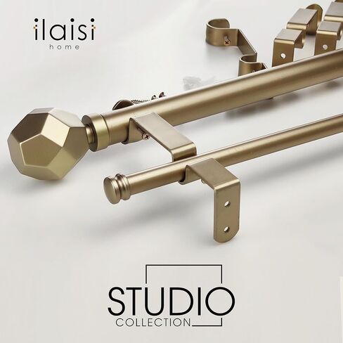 قضبان ستائر ذهبية بقطر 1-1/8 بوصة من ILAISIHOME مع لمسة نهائية ذات أوجه هندسية، قضبان ستائر مزدوجة تصغير 72-144 بوصة لعرض النافذة 68-140 بوصة، حزمة واحدة in Kuwait