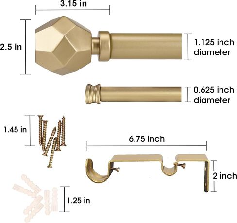 قضبان ستائر ذهبية بقطر 1-1/8 بوصة من ILAISIHOME مع لمسة نهائية ذات أوجه هندسية، قضبان ستائر مزدوجة تصغير 72-144 بوصة لعرض النافذة 68-140 بوصة، حزمة واحدة in Kuwait
