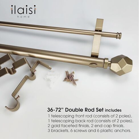 قضبان ستائر ذهبية بقطر 1-1/8 بوصة من ILAISIHOME مع لمسة نهائية ذات أوجه هندسية، قضبان ستائر مزدوجة تصغير 72-144 بوصة لعرض النافذة 68-140 بوصة، حزمة واحدة in Kuwait