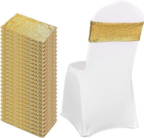 Yulejo 80 Pieces Sequin Chair Sashes Chair Sashes Spandex Glitter Chair Band Shiny One-Sided Sequins Decor Stretchy Chair Sash for Wedding Hotel Reception Party Banquet Chairs Decorations (Silver) in Saudi Arabia