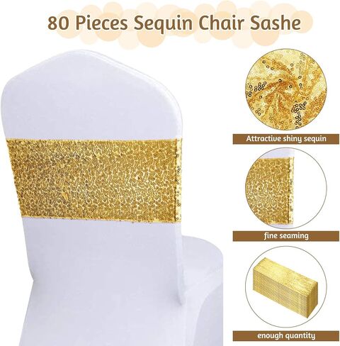 Yulejo 80 Pieces Sequin Chair Sashes Chair Sashes Spandex Glitter Chair Band Shiny One-Sided Sequins Decor Stretchy Chair Sash for Wedding Hotel Reception Party Banquet Chairs Decorations (Silver) in Saudi Arabia