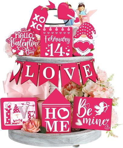 14 Pcs Valentines Day Tiered Tray Decor Set Farmhouse Rustic Pink Valentines Day Decor Cute Be Mine Gnome Home Heart Tabletop Valentines Wooden Sign for Home Party Kitchen Wedding Anniversary Decor in Kuwait